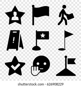 Mark icons set. set of 9 mark filled icons such as wet floor, flag, bye emot, courier, favourite user, gold flag