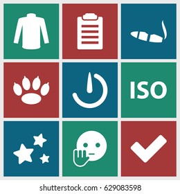 Mark icons set. set of 9 mark filled icons such as cigarette, sweater, bye emot, tick, star, stopwatch camera, ISO, paw