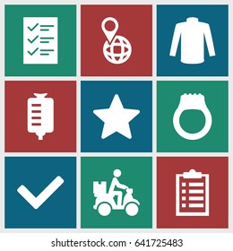 Mark icons set. set of 9 mark filled icons such as sweater, drop counter, pin on globe, courier on motorcycle, star, checklist, tick