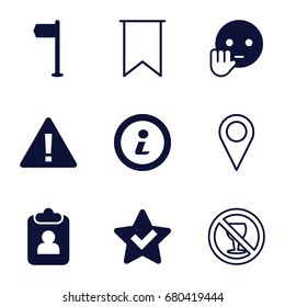 Mark icons set. set of 9 mark filled and outline icons such as bye emot, info, no alcohol, flag, star, warning, clipboard