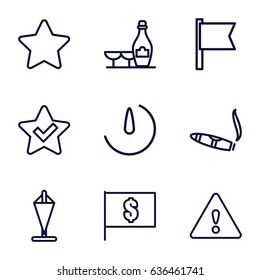 Mark icons set. set of 9 mark outline icons such as champagne and wine glasses, cigarette, star, stopwatch camera, warning, flag with dollar