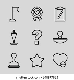 Mark icons set. set of 9 mark outline icons such as stamp, flag, heart ribbon, minus favorite, question, star