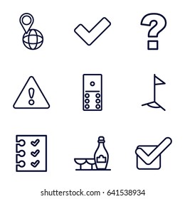 Mark icons set. set of 9 mark outline icons such as champagne and wine glasses, pin on globe, tick, checklist, warning, flag, question