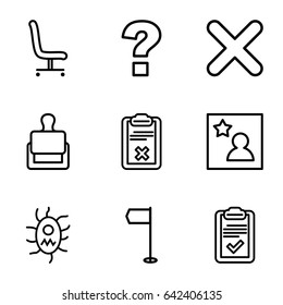 Mark icons set. set of 9 mark outline icons such as stamp, clipboard, virus and pills, office chair, cross, favorite photo, question