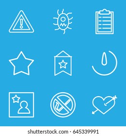 Mark icons set. set of 9 mark outline icons such as warning, virus and pills, stopwatch camera, favorite photo, no smoking, heart with arrow, flag, star