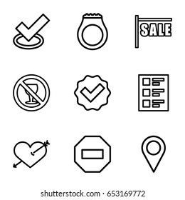 Mark icons set. set of 9 mark outline icons such as no alcohol, checklist, location pin, heart with arrow, sale, tick, ring
