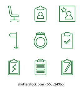 Mark icons set. set of 9 mark outline icons such as office chair, favorite photo, ring, check list, clipboard, clipboard with chart, flag