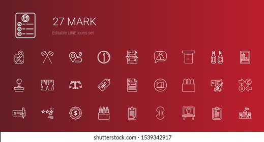 mark icons set. Collection of mark with board, compress, clipboard, markers, label, rating, check, tampon, package, file, tag, shorts, stamp. Editable and scalable mark icons.