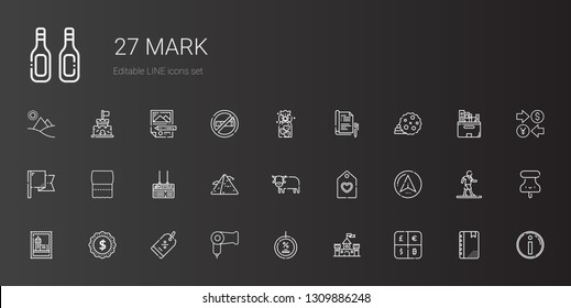 mark icons set. Collection of mark with currency, castle, discount, hairdryer, label, stamp, navigator, tag, ox, pyramid, board, toilet paper. Editable and scalable mark icons.