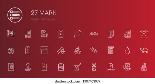 mark icons set. Collection of mark with file, cookies, tick, clipboard, tag, stamp, tasks, list, footprint, price tag, flags, toilet paper, highlighter. Editable and scalable mark icons.