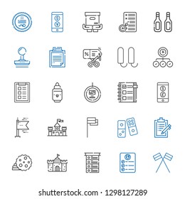 mark icons set. Collection of mark with flags, task, list, castle, cookie, clipboard, domino, flag, currency, checklist, tag, marker, tampon. Editable and scalable mark icons.