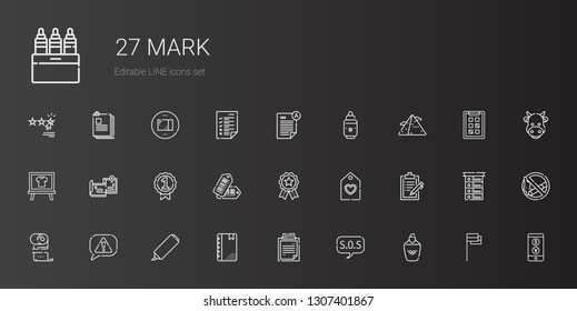 mark icons set. Collection of mark with highlighter, sos, clipboard, agenda, risk, toilet paper, tag, badges, tags, badge, maps, board, pyramid. Editable and scalable mark icons.