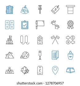 mark icons set. Collection of mark with shorts, pin, tag, iceberg, position, highlighter, tasks, champagne glass, cookie, pyramid, currency. Editable and scalable mark icons.