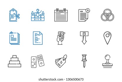 mark icons set. Collection of mark with stamp, pin, tag, domino, pyramid, location, download, check in, file, files, rings, exam, agenda, cold water. Editable and scalable mark icons.