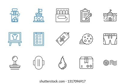 mark icons set. Collection of mark with stamp, package, pear, compress, shorts, cookie, tag, task, board, castle, clipboard, tampon, cookies. Editable and scalable mark icons.