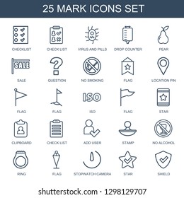 mark icons. Trendy 25 mark icons. Contain icons such as checklist, check list, virus and pills, drop counter, pear, sale, question, no smoking, flag. mark icon for web and mobile.