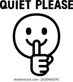 A mark of an index finger over the mouth and the words QUIET PLEASE