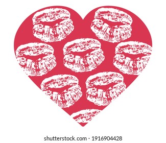 Mark of lips in red heart shape. Love sign, wedding invitation, Valentine card, etc. Applied clipping mask. Vector illustration.
