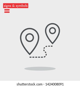 Mark and Location Symbol on the map vector icon. A sign of gps navigation and coordinates . An illustration of a route.