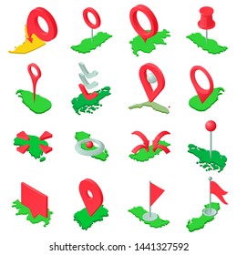 Mark the map icons set. Isometric set of 16 mark the map vector icons for web isolated on white background