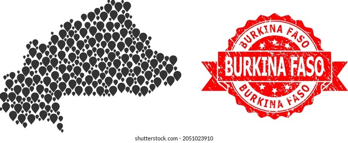 Mark mosaic map of Burkina Faso and scratched ribbon stamp. Red stamp includes Burkina Faso caption inside ribbon. Abstract map of Burkina Faso is composed from random navigation elements.