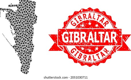 Mark mosaic map of Gibraltar and grunge ribbon stamp. Red stamp seal includes Gibraltar caption inside ribbon. Abstract map of Gibraltar is constructed with randomized navigation icons.