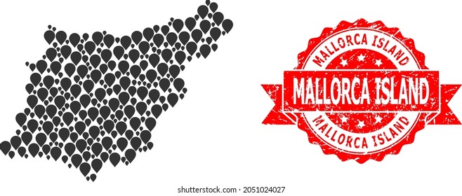 Mark mosaic map of Gipuzkoa Province and grunge ribbon stamp. Red stamp seal has Mallorca Island caption inside ribbon. Abstract map of Gipuzkoa Province is formed from randomized pin elements.