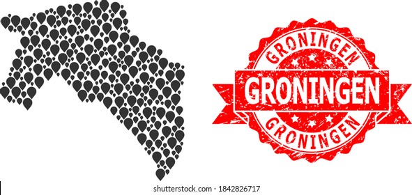 Markierte Mosaikkarte der Provinz Groningen und gekratzter Bandstempel. Rote Briefmarke hat Groningen-Beschriftung in Band. Abstrakte Karte der Provinz Groningen ist mit zufälligen Führungsposten zusammengesetzt.