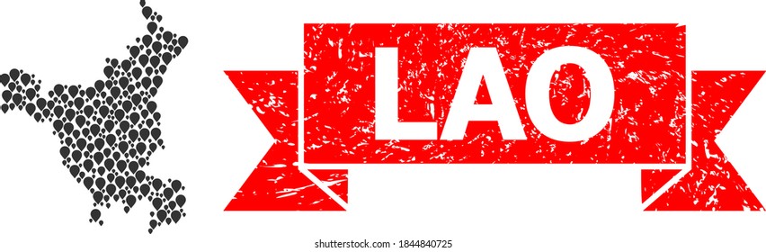Mark mosaic map of Haryana State and scratched ribbon seal. Red seal contains Lao caption inside ribbon. Abstract map of Haryana State is done from random pin elements. Abstract scheme.