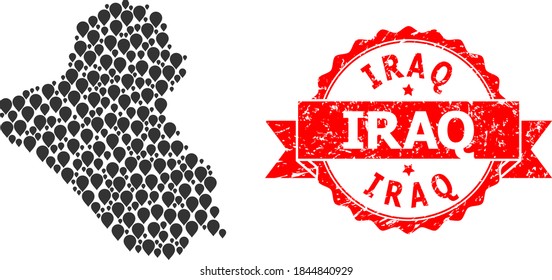 Mark mosaic map of Iraq and grunge ribbon stamp. Red stamp includes Iraq text inside ribbon. Abstract map of Iraq is designed of random mark items. Abstract plan.