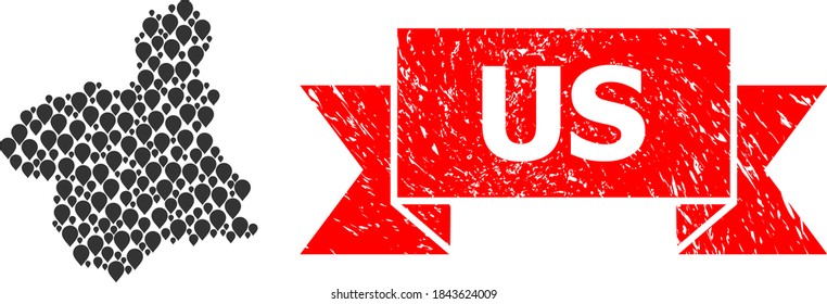 Mark mosaic map of Murcia Province and grunge ribbon watermark. Red seal contains Us text inside ribbon. Abstract map of Murcia Province is formed of scattered mark icons. Abstract plan.