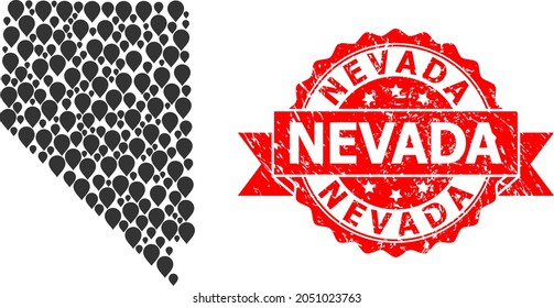 Mark mosaic map of Nevada State and grunge ribbon stamp. Red stamp has Nevada caption inside ribbon. Abstract map of Nevada State is constructed of randomized navigation icons. Abstract scheme.