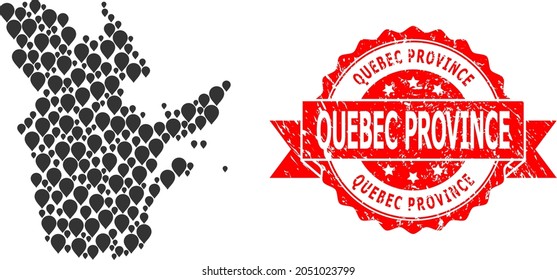Mark mosaic map of Quebec Province and scratched ribbon stamp. Red stamp seal includes Quebec Province title inside ribbon. Abstract map of Quebec Province is created with randomized mark elements.