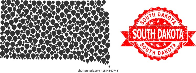 Mark mosaic map of South Dakota State and grunge ribbon stamp. Red stamp seal has South Dakota text inside ribbon. Abstract map of South Dakota State is formed with randomized pin elements.
