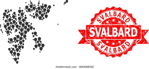 Mark mosaic map of Svalbard Islands and scratched ribbon stamp. Red stamp seal includes Svalbard tag inside ribbon. Abstract map of Svalbard Islands is constructed with scattered guide symbols.
