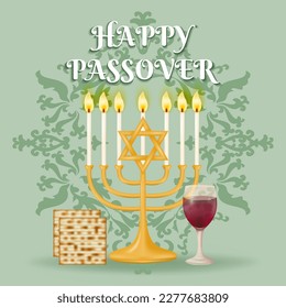 Mark the occasion of Passover with this elegant background featuring the Menorah, Matzah, matzo, and a wineglass of red wine set against a intricate patterned design. Vector illustration.