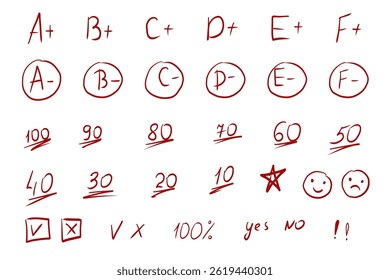 Mark point score exam highlight check, arrows and circles hand drawn. Teacher red marker grade crayon, chalk texture. Homework score.