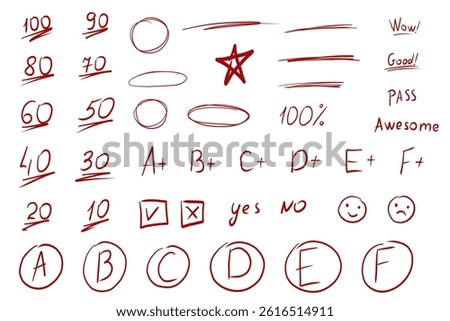 Mark point score exam highlight check, arrows and circles hand drawn. Teacher red marker grade crayon, chalk texture. Homework score.