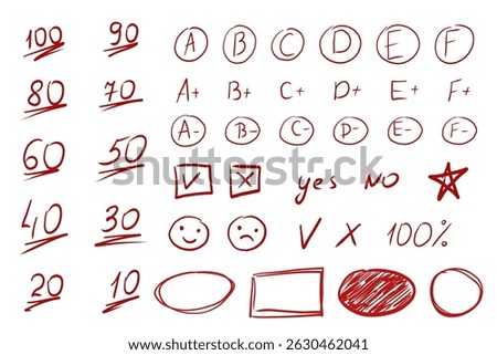 Mark point score exam highlight check, arrows and circles hand drawn. Teacher red marker grade crayon, chalk texture. Homework score.