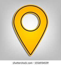 Mark pointer sign. Flat orange icon with overlapping linear black icon with gray shadow at whitish background. Illustration.