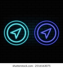 Zeigerzeichen markieren. Grünes Neonsymbol im Dunkeln. Unscharfe Blitze. Abbildung...