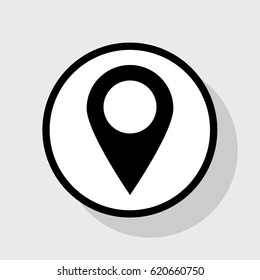 Mark pointer sign. Vector. Flat black icon in white circle with shadow at gray background.