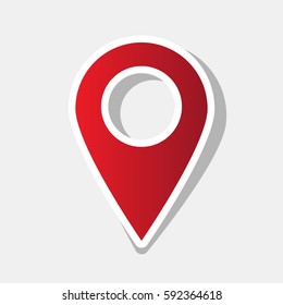 Mark pointer sign. Vector. New year reddish icon with outside stroke and gray shadow on light gray background.