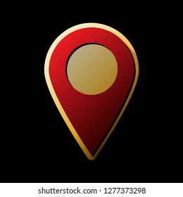 Mark pointer sign. Vector. Red icon with small black and limitless shadows at golden sticker on black background.