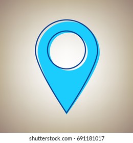 Mark pointer sign. Vector. Sky blue icon with defected blue contour on beige background.