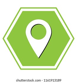 Mark pointer sign. Vector. White icon with black shadow at yellow green honeycomb on white background.