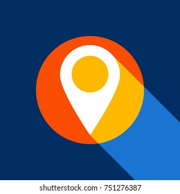 Mark pointer sign. Vector. White icon on tangelo circle with infinite shadow of light at cool black background. Selective yellow and bright navy blue are produced.