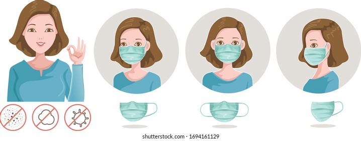 Mark Protective. Woman Pretending Hands Ok. Covered A Variety Of Face Masks, Side, Front, Oblique. Wear Protective Mask Against Infectious Diseases And Flu. Stop The Infection. Health Care Concept. 