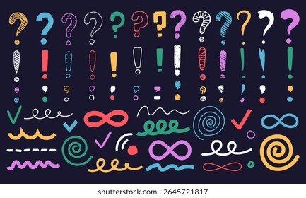 Mark question, infinity, exclamation. Collage of line brush. Color hand drawn art abstract. Children paint, circle grunge isolated decorative elements. Wave pattern. Vector child doodle writing icons