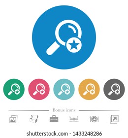 Mark search result flat white icons on round color backgrounds. 6 bonus icons included.
